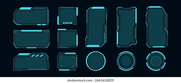 Big set of Sci Fi modern user interface elements. futuristic abstract HUD frame screen, button, loading, text isolated on black background. GUI elements for game. Data information infographic.