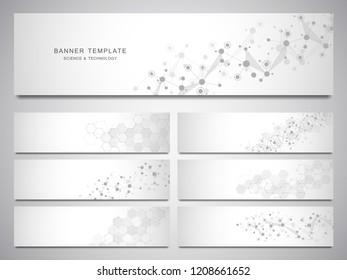 Big set of scientific and technological vector banners and headers for sites. Abstract background with molecular structures