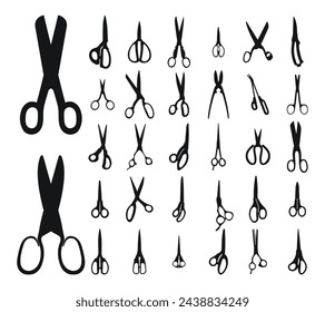 Big set of scissors silhouettes, isolated vector