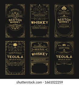 Big set of scotch whiskey, tequila golden labels. Vintage alcohol frames for bottles with lettering. Gold borders for antique bar.