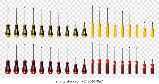 Big set of screwdrivers isolated on transparent background. Black and red long and short screwdrivers. Metal tool for Home Repairs and Mechanical Work. Realistic 3d vector illustration.