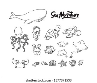 Big set with sea animals in doodle style