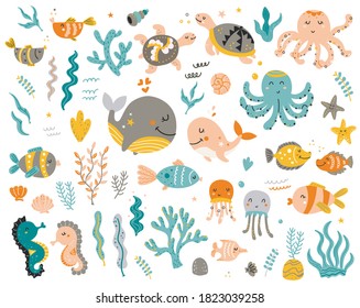 Big set of sea animals for kids. Isolated element for stickers, cards, invites and posters