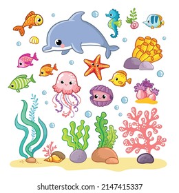 Big set with sea animals and plants in cartoon style. Vector illustration on a marine theme.