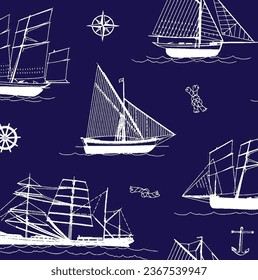 Big set of sea boats and little fishing ships. Sailboats flat vector icons. Illustration of water transport yacht and ship sailboat