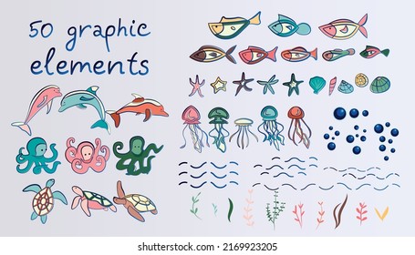 Big set with sea creatures and small elements for your design