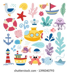 Big set of sea elements: fish, submarine, crab, seaweed, lighthouse, boats, splashes, waves, gulls, shells. Components of the ocean for decoration, design, kids book. Hand drawn flat vector.