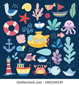 Gran conjunto de elementos marinos de fondo azul: peces, submarinos, cangrejo, algas, faro, barcos, olas, gaviotas, conchas. Componentes del océano para decoración, diseño, libro infantil. vector dibujado a mano.