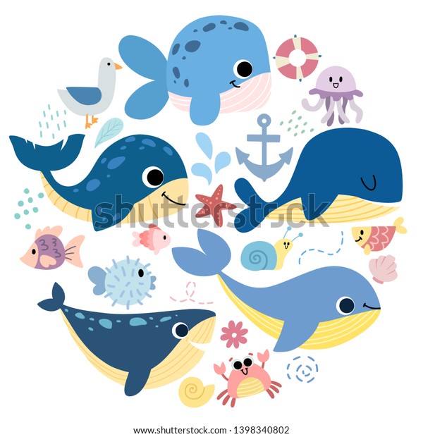 Big set\
of sea elements: whales, dolphins, beluga, crab, fish, gull,\
anchor, jellyfish. Cute cartoon characters isolated on white\
background for kids book, print, clothes,\
design.