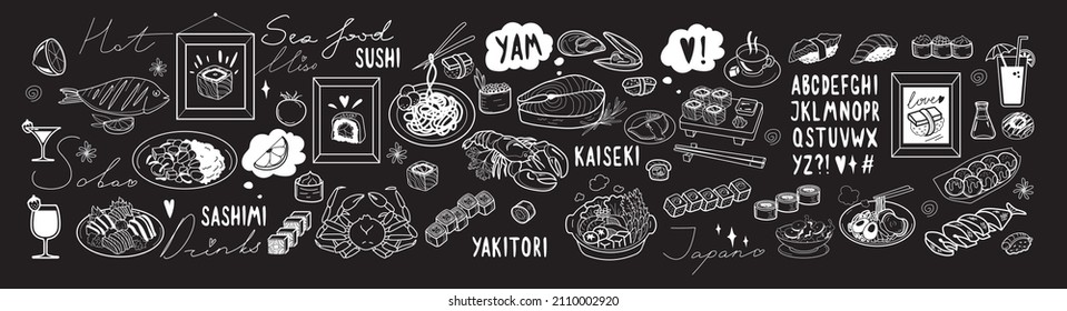 big set sea food   japan restaurant foods items   words  english handmade font alphabet  decorations for chalk board public catering for your design  drawings sushi  drinks  plates  foods