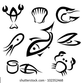 big set of sea food symbols, simple icons in black lines