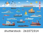 Big set of sea ships. Water carriage and maritime transport in flat design style. Side view vector illustration.