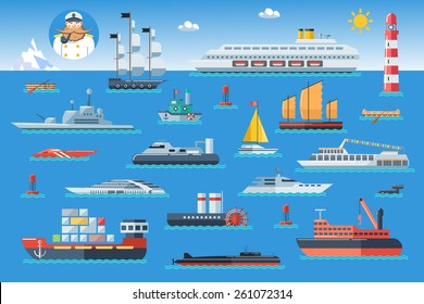 Big set of sea ships. Water carriage and maritime transport in flat design style. Side view vector illustration.