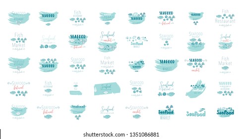 Big set of seafood clip art hand drawn doodle illustrations . Great for menu, signboards, logotype, restaurants, cafe, brochure, flyer, stickers, etc