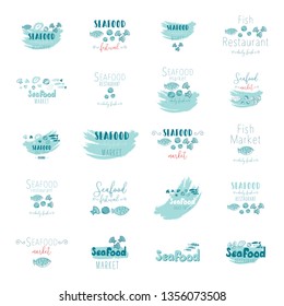 Big set of seafood clip art hand drawn doodle illustrations . Great for menu, signboards, logotype, restaurants, cafe, brochure, flyer, stickers, etc