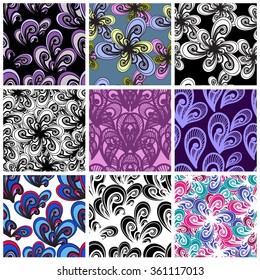 Big set of seamless colorful  vector pattern. Hand drown floral background. Abstract texture for design