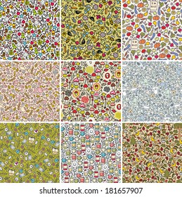 Big set of seamless doodle patterns. Vector backgrounds with cute flowers, animals, faces.