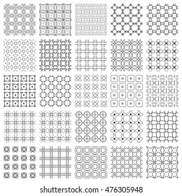 Big set of Seamless geometric line patterns, repeating texture. Seamless linear background. Contemporary graphic design, monochrome ornament. Seamless lace fabric pattern. Black and white