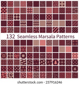Big set of seamless geometric, polka dot, floral, decorative patterns with Marsala trendy colors. Vector illustration EPS8