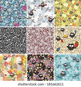 Big set of seamless patterns with cute owls and flowers. Vector floral backgrounds.