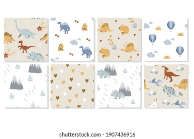 Big set seamless patterns. Cute hand drawn baby pictures collection with dinosaurs. Vector illustration.