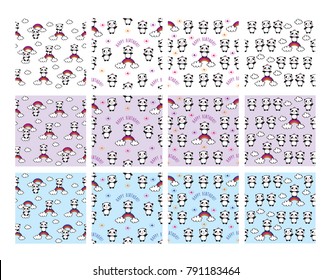 Big set of seamless patterns with cute pandas and rainbows for children's textiles, wallpapers, gift wraps and scrapbook. Vector.