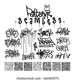 Big set  seamless patterns, graffiti, king of style in black and white colors. The collections consists 7 original calligraphy compositions