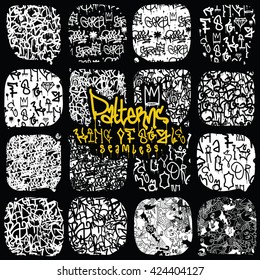 Big set seamless patterns, graffiti, king of style in black and white colors. The collections consists 16 original calligraphy compositions