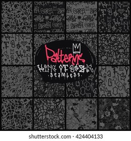 Big set seamless patterns, graffiti, king of style in black and white colors. The collections consists 16 original calligraphy compositions
