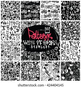 Big set seamless patterns, graffiti, king of style in black and white colors. The collections consists 16 original calligraphy compositions