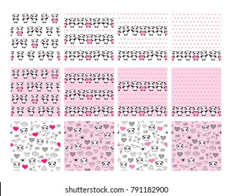 Big set of seamless patterns with hand drawn cute pandas and hearts for textiles, wallpapers, gift wraps and scrapbook.  Backgrounds for Valentine's Day, mother's day, birthday, wedding. Vector.