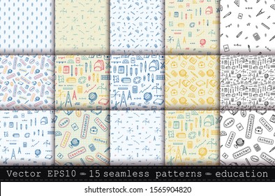 Big set seamless patterns: school, office elements for web pages, mobile applications. Stationery items: notebook, pen, numbers, graph, cell.
