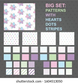 Big set of seamless patterns with simple hearts, polka dots and stripes. Pastel cute colors. Vector