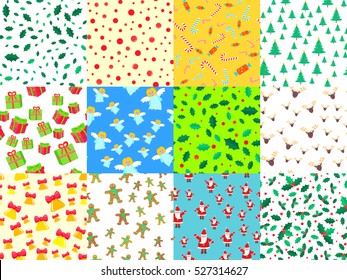 Big set of seamless patterns. Snowman, socks, speech bubble, mistletoe, snowflakes, glasses, gift boxes, candies, angel, wreath, bell tree santa clause. Christmas elements in cartoon style. Vector