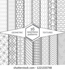 Big set of seamless patterns.Modern elegant linear textures.Regularly repeating geometrical backgrounds with hexagon,polygon,rectangle,rhombus, zigzag, circle, star. Vector element of graphical design