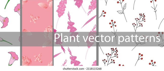 big set seamless vector pattern with boho branches and flowers, pink. minimalism,  doodle