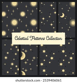 Big set of seamless vector patterns with golden stars and celestial bodies on a dark background