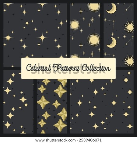 Big set of seamless vector patterns with golden stars and celestial bodies on a dark background
