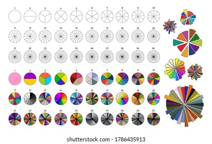 Big set of segmented circles. Various number 0-30 of sectors divide the circle on equal parts. Colored, black and white outline graphics. Vector illustration. Isolated on white background.