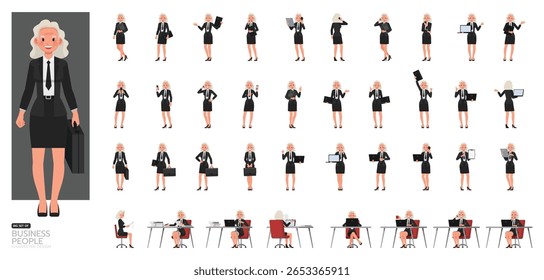 Big Set of Senior business woman wear black suit character vector design. People working in office planning, thinking and economic analysis.