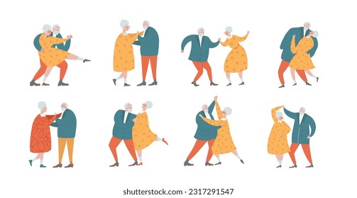 big set of Senior Couples Dance, Elderly People Romantic Relations Concept. Old Men and Women Hugging, Holding Hands while Dancing. Old Characters hobby. Flat Hand drawn Cartoon Vector Illustration