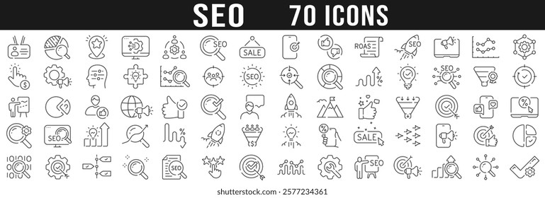 Big set of SEO related line icons. Search, marketing, research, optimize etc. Editable stroke