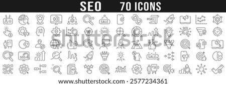 Big set of SEO related line icons. Search, marketing, research, optimize etc. Editable stroke