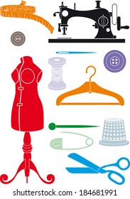 Big set of sewing accessories. Simple shapes to cut or icons