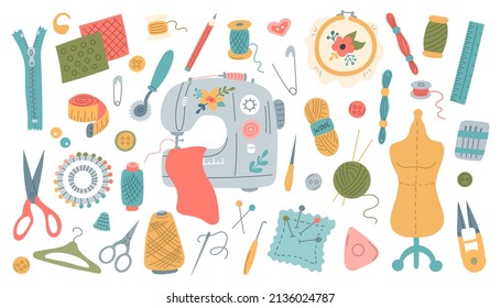 Big set of sewing elements for needlework and embroidery. Scissors, needles, thread, sewing machine and buttons. Vector illustration in flat style