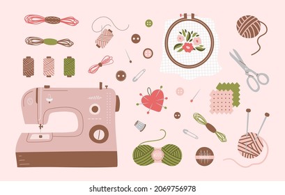 Big set of  sewing and knitting tools: needles, scissors, pins, sewing machine, buttons, embroidery hoop, threads, thimble. Trendy vector cartoon illustration