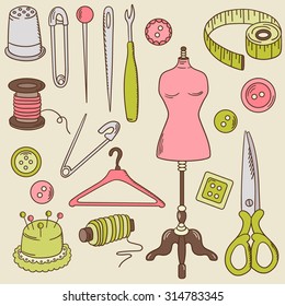 Big set of sewing tools icons. Hand drawn icon collection, profession clothier. Vector background with sketch objects. Decorative doodle elements. Colorful illustration with tailoring tools design