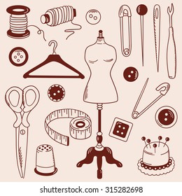 Big set of sewing tools icons. Hand drawn icon collection, profession clothier. Vector background with sketch objects. Decorative doodle elements. Colorful illustration with tailoring tools design
