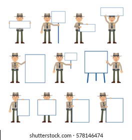 Big set of sheriff characters posing with different blank banners. Cheerful policeman holding paper, poster, placard, pointing to whiteboard. Teach, advertise, promote. Simple vector illustration