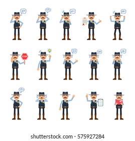Big set of sheriff characters showing different actions, gestures, emotions. Cheerful cowboy talking on phone, angry, thinking, reading a book and doing other actions. Simple vector illustration